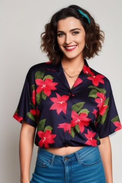 a woman wearing a floral print shirt and jeans