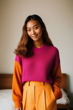 an asian woman wearing an orange and pink sweater