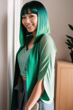 a woman with green hair posing for the camera
