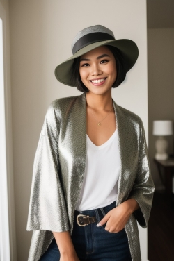 an asian woman wearing a metallic jacket, hat and jeans