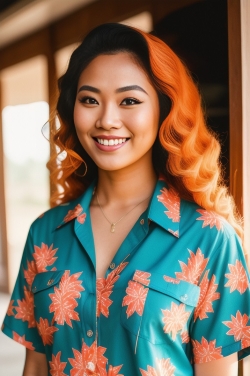 an asian woman with orange hair wearing a floral shirt