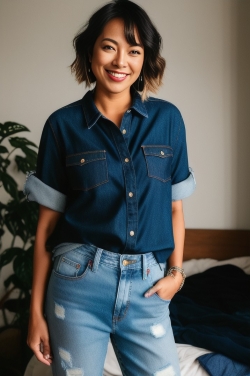 an asian woman wearing a denim shirt and ripped jeans