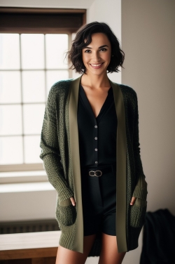 a woman wearing an olive green cardigan sweater