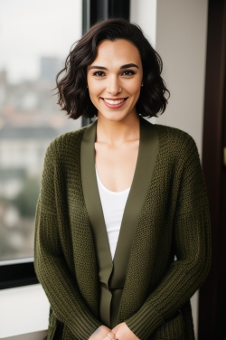 a smiling woman in an olive green cardigan
