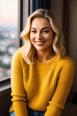 a beautiful blonde woman in a yellow sweater smiling at the camera