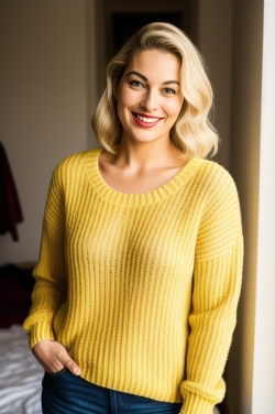 a blonde woman in a yellow sweater and jeans