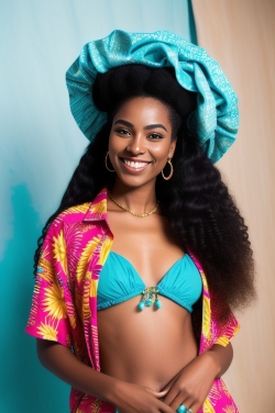 an african woman in a colorful shirt and bikini