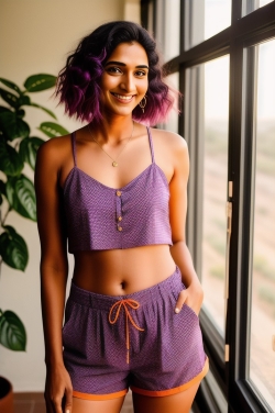 a woman with purple hair and purple shorts standing in front of a window