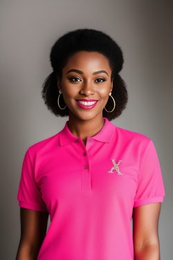 a smiling woman in a pink polo shirt