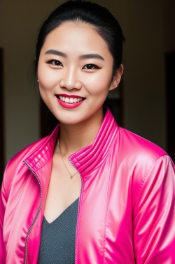 an asian woman wearing a pink jacket and smiling